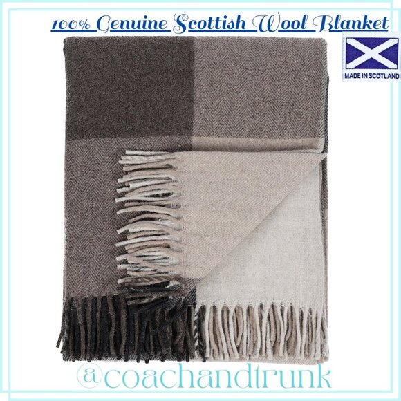 100% GENUINE Scottish Wool Blanket Import NEW WITH TAGS Block Check Herringbone - Picture 1 of 11